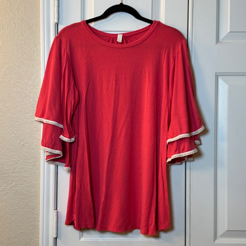 Flamingo Urban Pink Flowy Women's Top Size XL Bell Ruffle Sleeves w/ Lace Detail